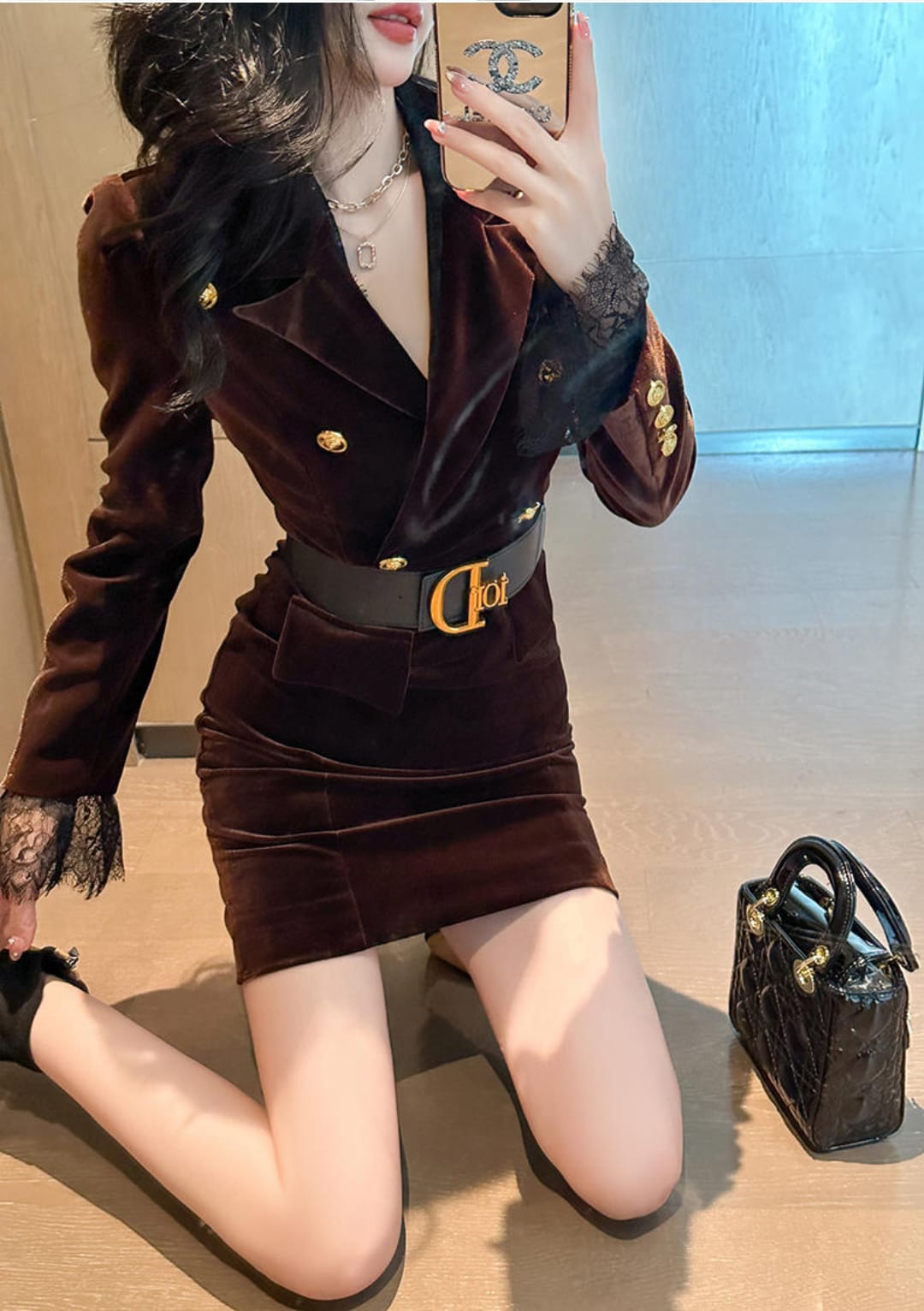 Western Couture Imported Premium Quality Double Breasted Party Wear Velvet Dress