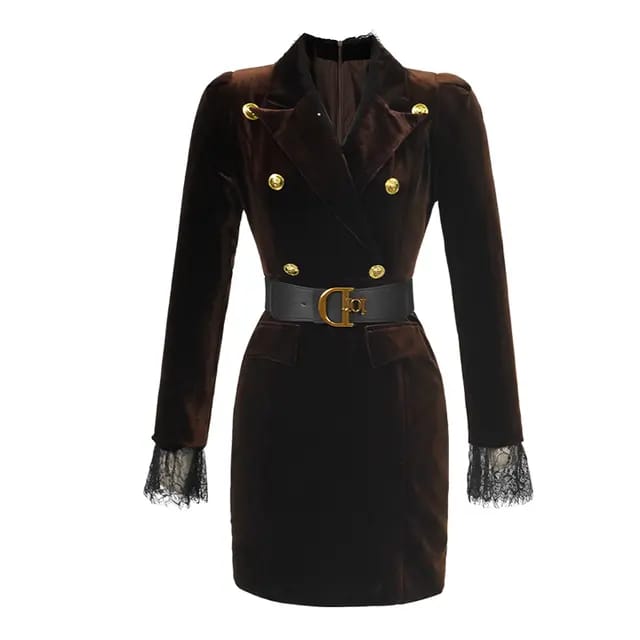 Western Couture Imported Premium Quality Double Breasted Party Wear Velvet Dress