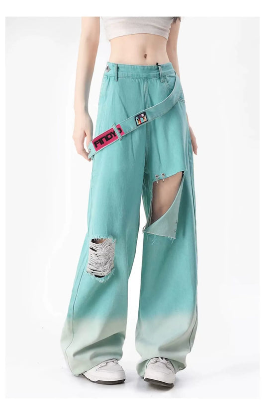 Y2K Korean-Style Detachable Ring Cut-Out Distressed Jeans by Western Couture