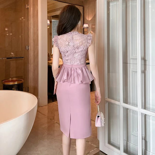 Western Couture Imported Women's Elegant Lace Peplum Pencil Dress, Mauve Pink, 81.28 cm Waist, 106.68 cm Length