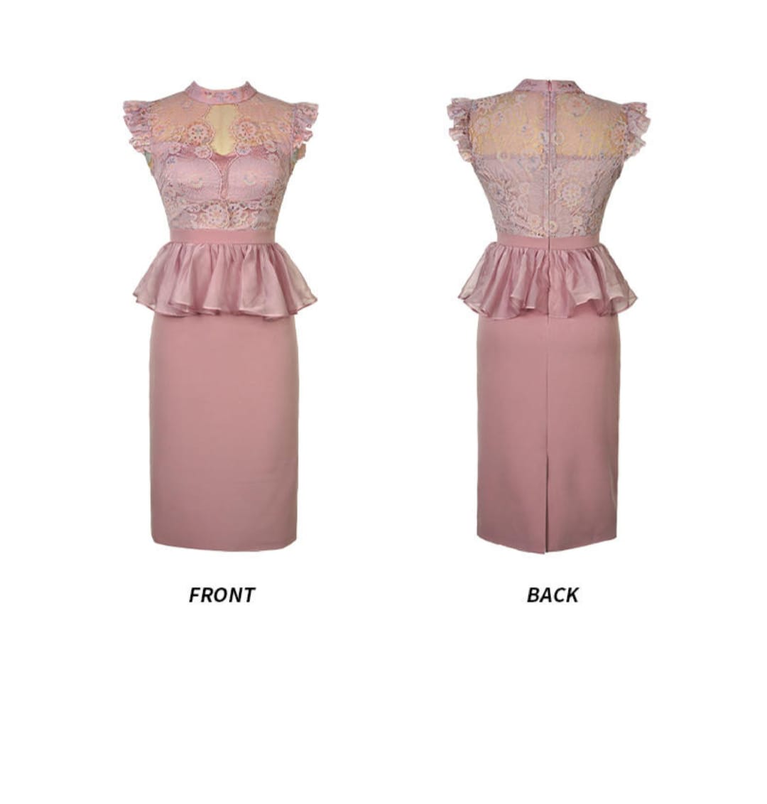 Western Couture Imported Women's Lace Peplum Pencil Dress – Mauve Pink