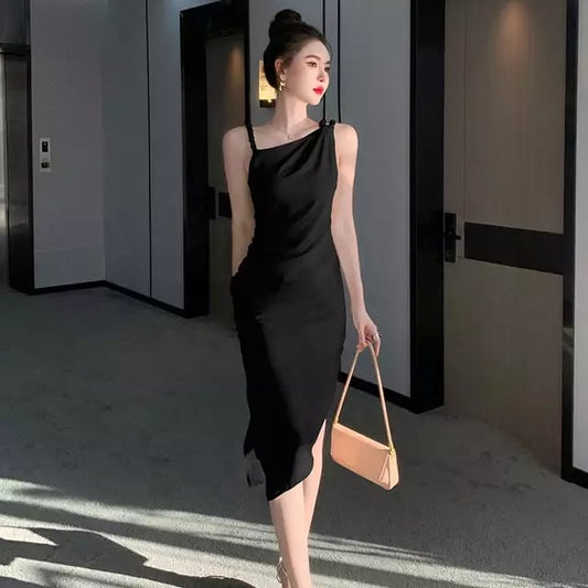 Western Couture Imported Asymmetrical Black Cocktail Dress, Braided Strap Design