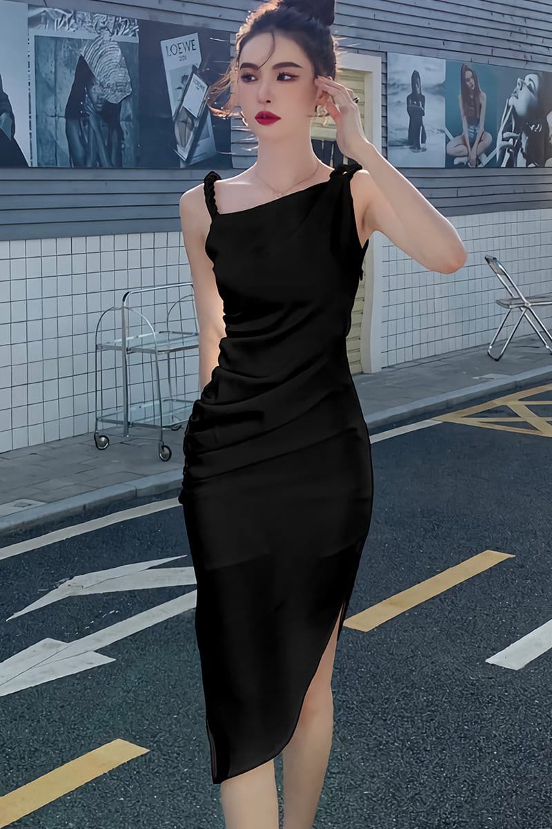 Western Couture Imported Asymmetrical Black Cocktail Dress, Braided Strap Design