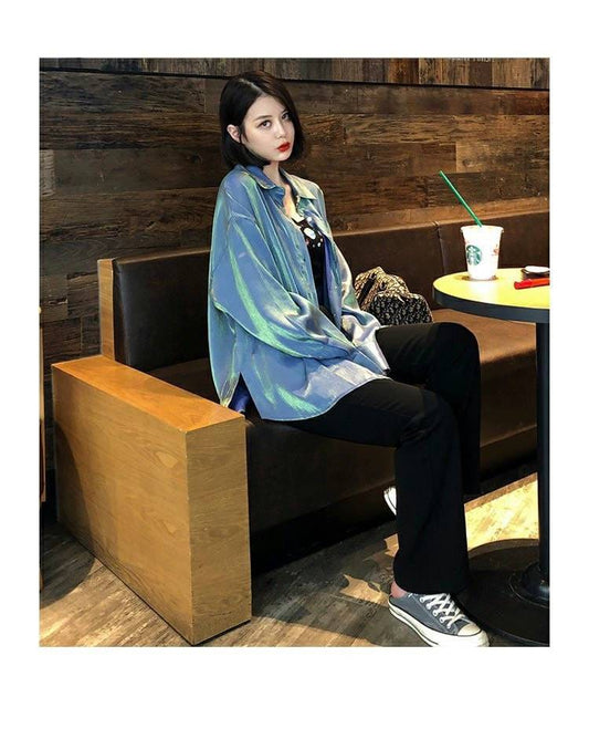Western Couture Imported Iridescent Oversized Button-Down Shirt