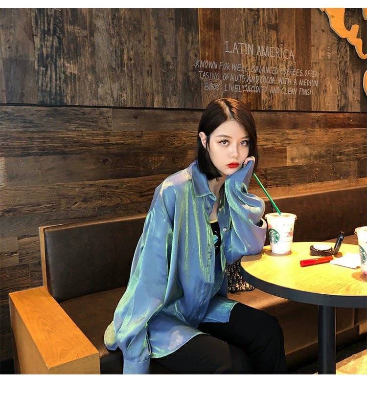 Western Couture Imported Iridescent Oversized Button-Down Shirt
