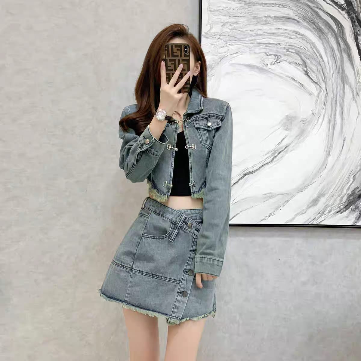 Western Couture K-Fashion Asymmetric Fringed Denim Mini Skirt