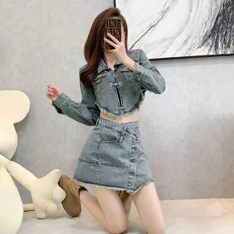 Western Couture K-Fashion Asymmetric Fringed Denim Mini Skirt