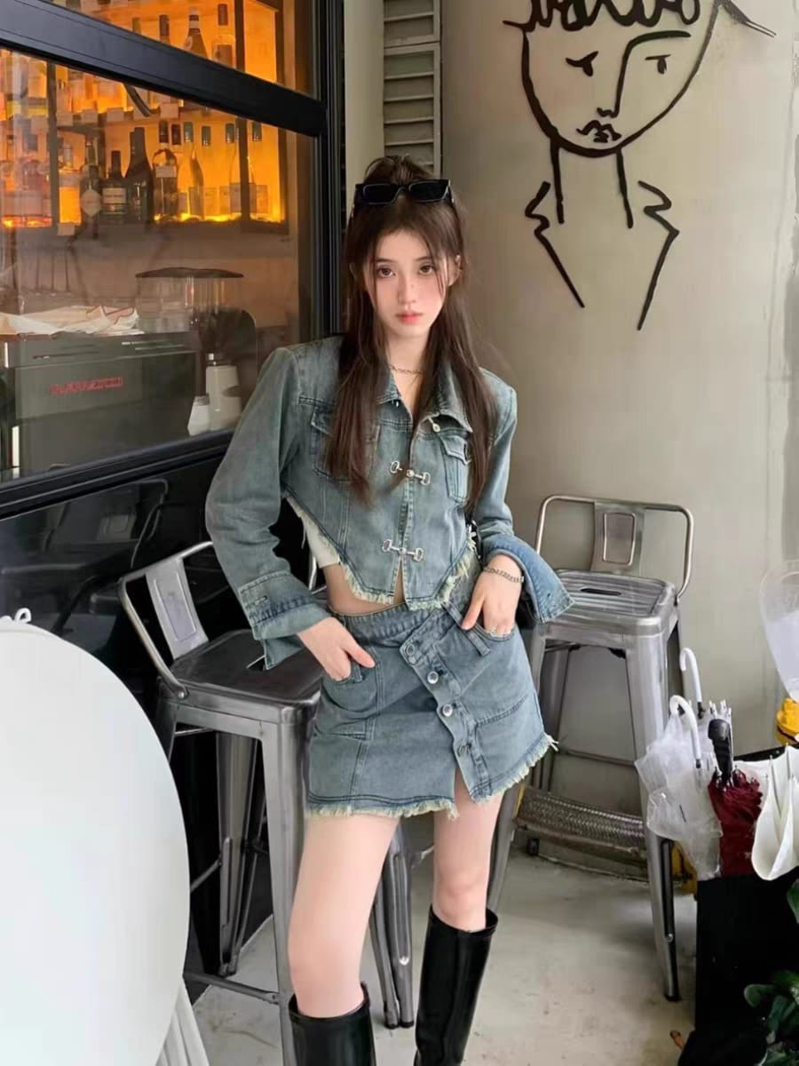 Western Couture K-Fashion Asymmetric Fringed Denim Mini Skirt