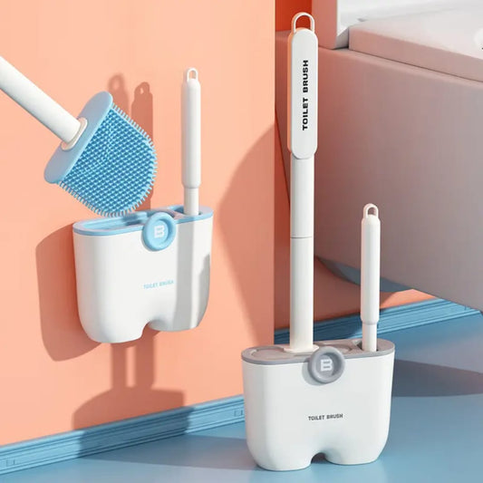 Silicon toilet brush in grey and blue with wall-mounted holder