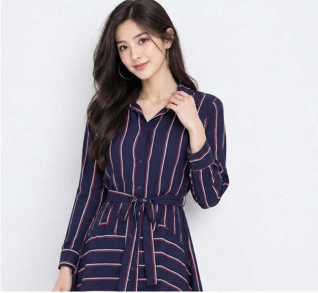 Western Couture Corporate Edge Asymmetric Striped High-Low Shirt Dress