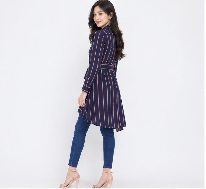 Western Couture Corporate Edge Asymmetric Striped High-Low Shirt Dress