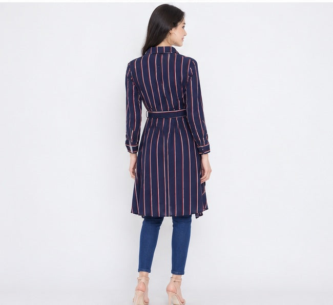 Western Couture Corporate Edge Asymmetric Striped High-Low Shirt Dress