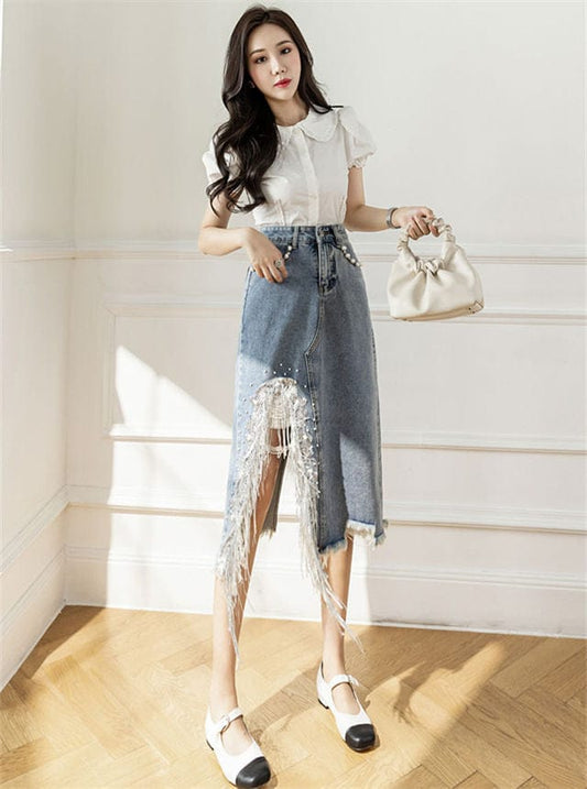 Western Couture Imported Sequined Tassel Denim Midi Skirt