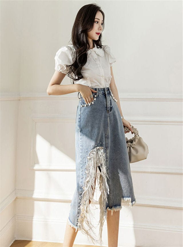 Western Couture Imported Sequined Tassel Denim Midi Skirt