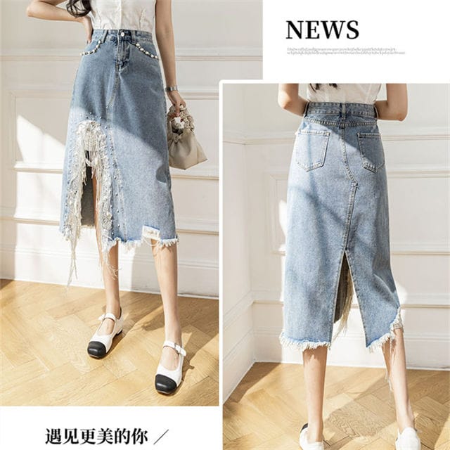 Western Couture Imported Sequined Tassel Denim Midi Skirt