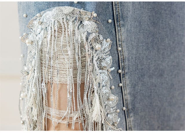 Western Couture Imported Sequined Tassel Denim Midi Skirt