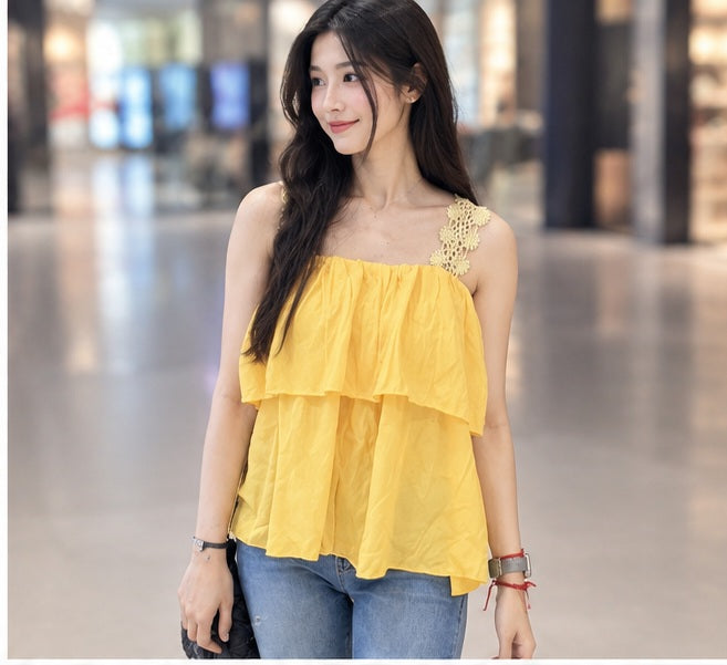 Western Couture Seoul Silhouette Layered Chiffon Lace Cami Top